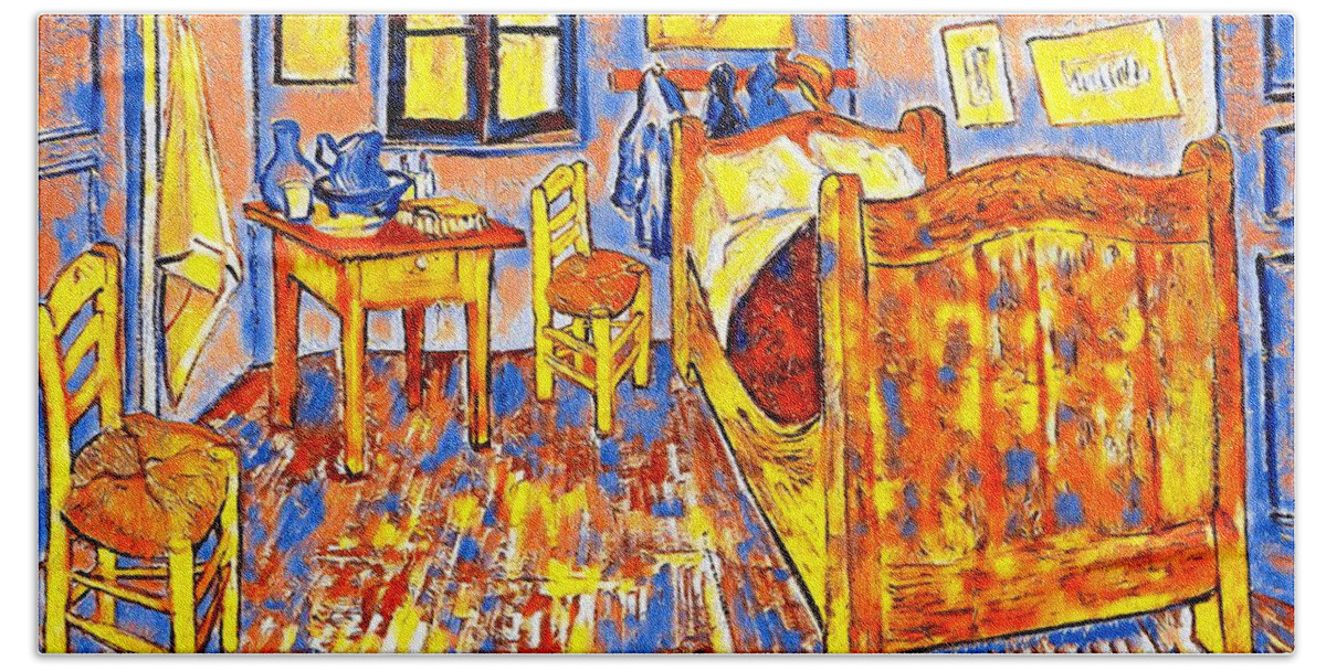 Bedroom In Arles Hand Towel featuring the digital art The Bedroom in Arles by van Gogh - colorful digital recreation by Nicko Prints