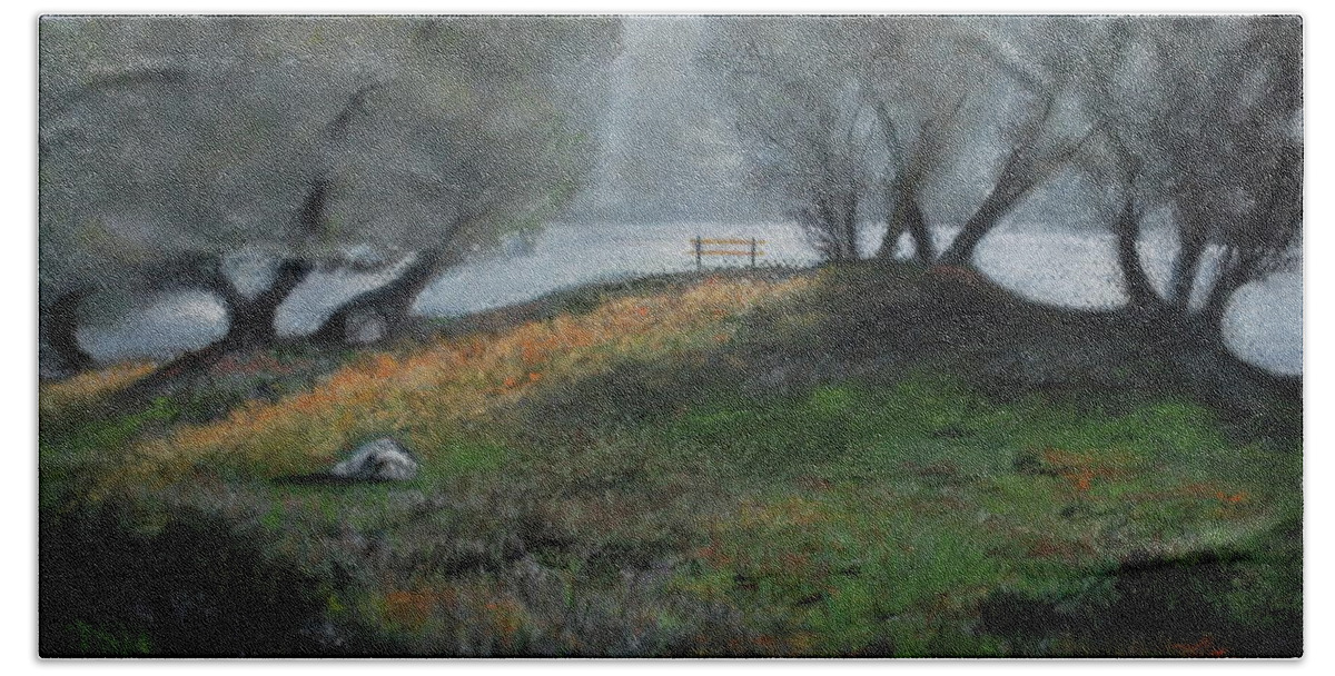 Foggy Day Bath Towel featuring the pastel The Bench by Sandra Lee Scott
