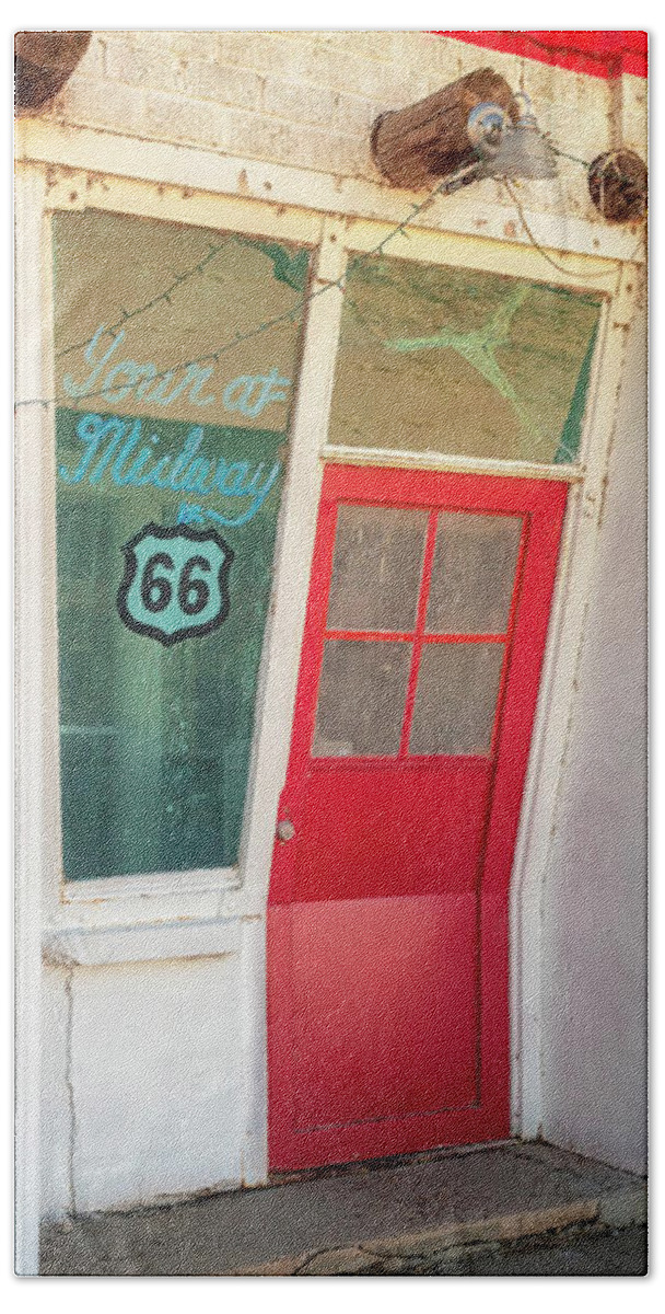 Route 66 Bath Towel featuring the photograph The Bent Door - Adrian, Texas - Route 66 by Susan Rissi Tregoning