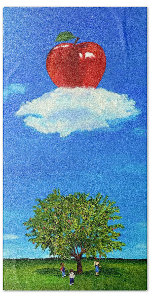 Apple In The Sky Bath Towel featuring the painting An Apple A Day by Thomas Blood