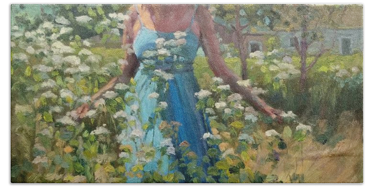 Plein Air Hand Towel featuring the painting The blue dress by Jeff Dickson