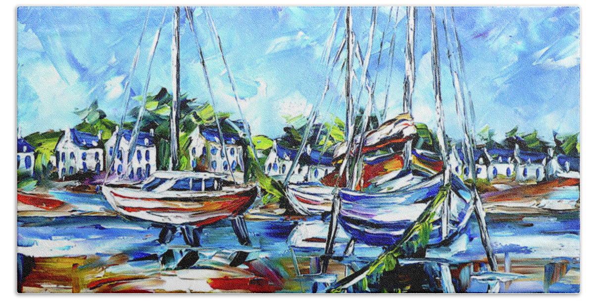 Boats On Wooden Piles Bath Towel featuring the painting The Boats Of Brittany by Mirek Kuzniar