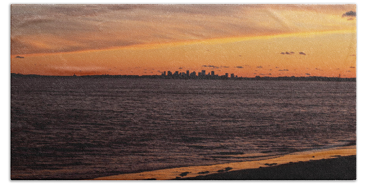 Swampscott Bath Towel featuring the photograph The Boston Skyline from Fisherman's Beach Swampscott MA Sunset by Toby McGuire