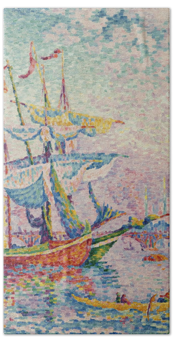 Golden Hand Towel featuring the painting The Bridge by Paul Signac by Mango Art