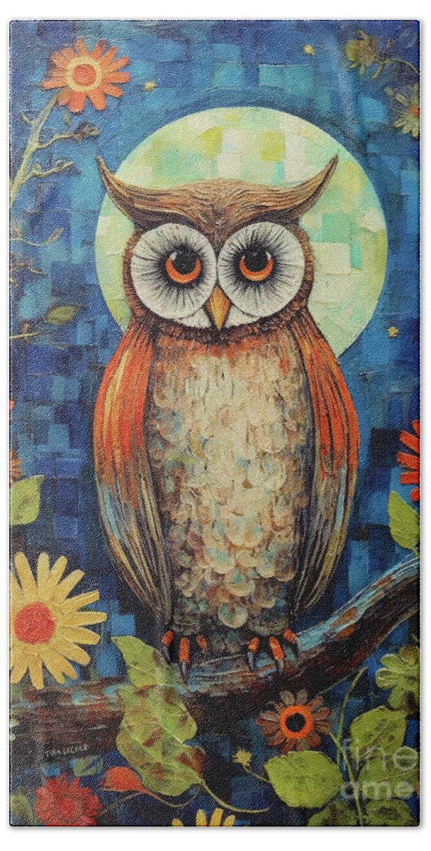 Owl Hand Towel featuring the painting The Bright Eyed Owl by Tina LeCour