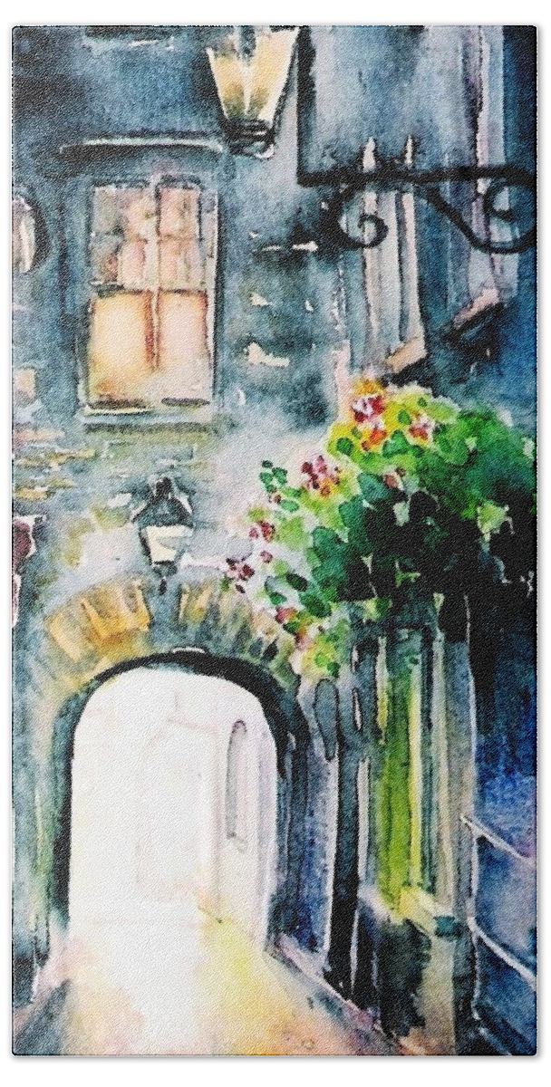 Medieval Bath Towel featuring the painting The Butter Slip Medieval Street Kilkenny I by Trudi Doyle