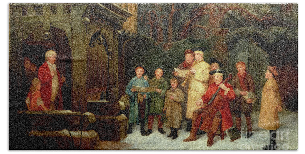 Christmas Bath Towel featuring the painting The Carol Singers, 1893 by William M Spittle