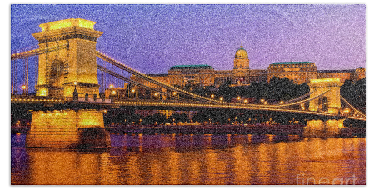 Budapest Chain Bridge Bath Towel featuring the photograph The Chain Bridge over the river Danube with the Hungarian National Gallery, Budapest, Hungary by Neale And Judith Clark