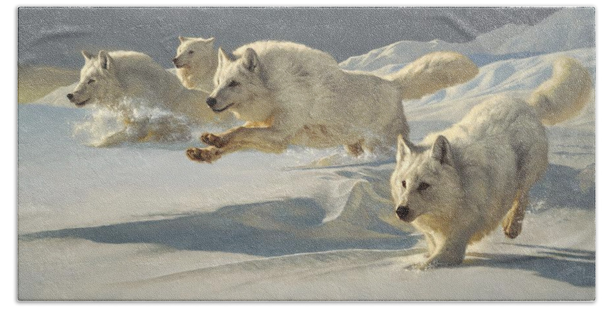 Wolf Wolf Pack Arctic Wolf Alpha Greg Beecham Wildlife Animal Painting Print Oil Painting Oil On Linen Bath Towel featuring the painting The Chase by Greg Beecham