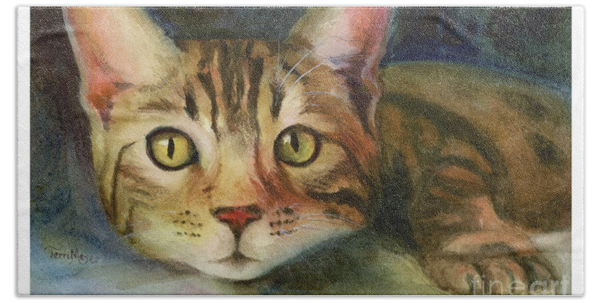 Cat Watercolor Painting Hand Towel featuring the painting The Cheshire Cat by Terri Meyer