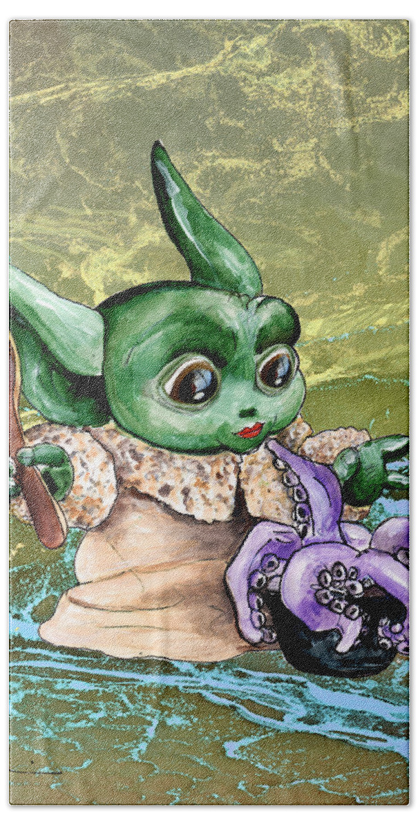 Watercolour Bath Towel featuring the painting The Child Yoda 05 by Miki De Goodaboom