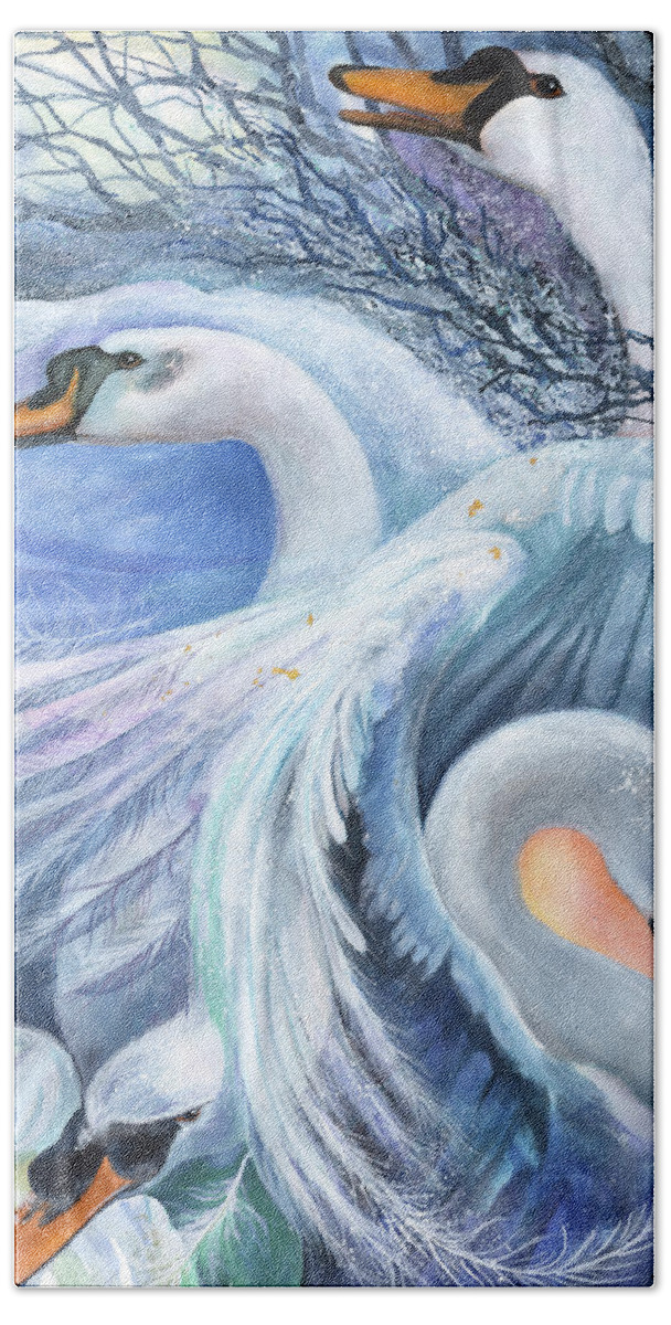Swans Hand Towel featuring the painting The Children of Lir by Kate Bedell