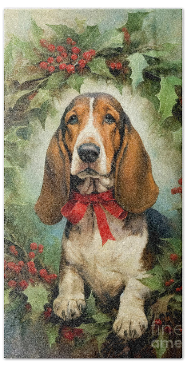 Basset Hound Hand Towel featuring the painting The Christmas Hound by Tina LeCour