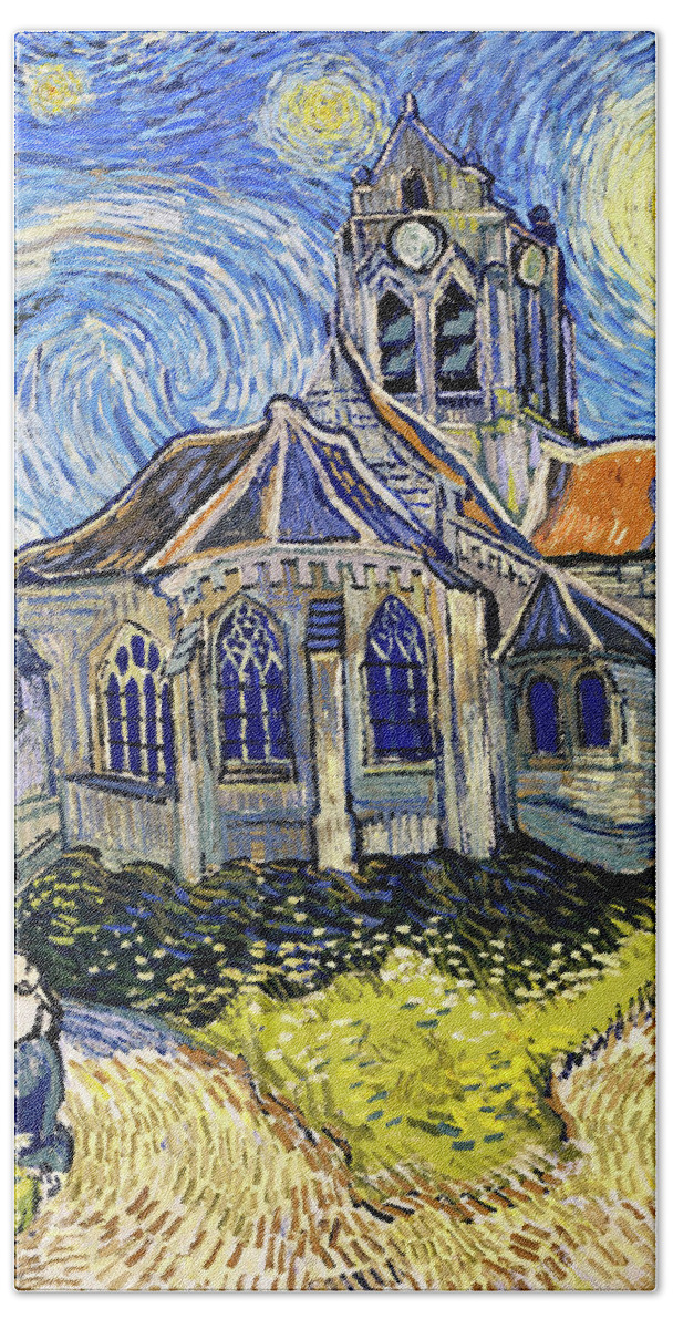 Van Gogh Hand Towel featuring the digital art The Church at Auvers on a Starry Night - digital recreation by Nicko Prints