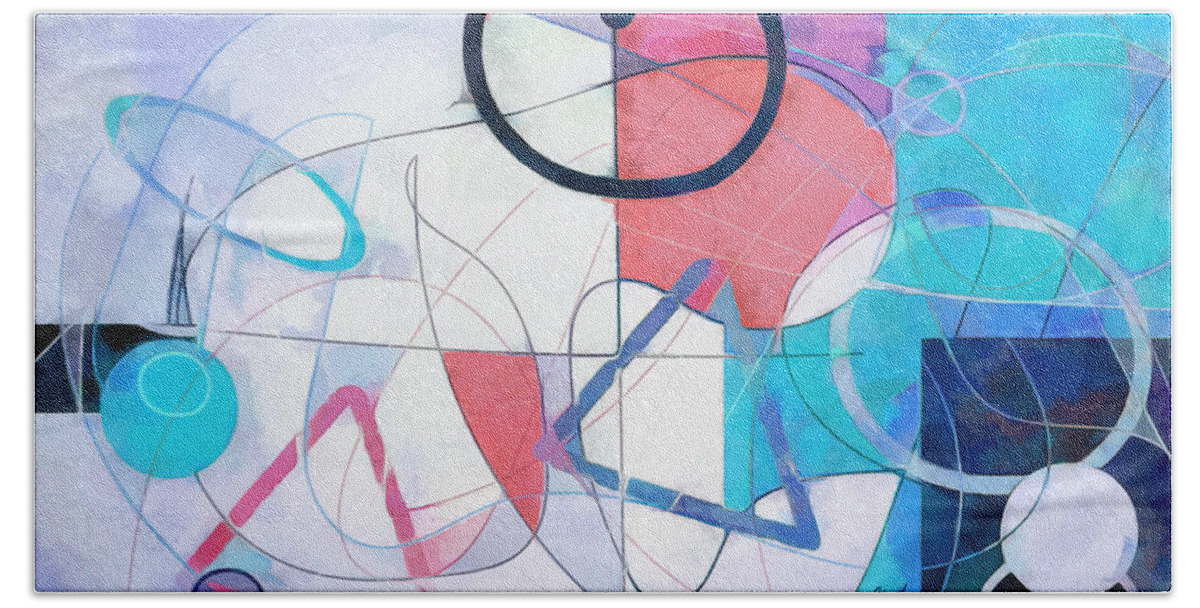 Abstract Bath Towel featuring the painting The Circle - Blue White and Pink Pastel Abstract Painting by Modern Abstract
