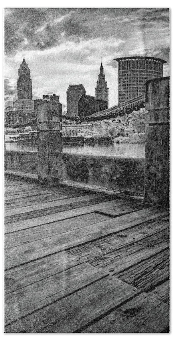 Cleveland Skyline Bath Towel featuring the photograph The Cleveland Skyline From Heritage Park - Black and White by Gregory Ballos