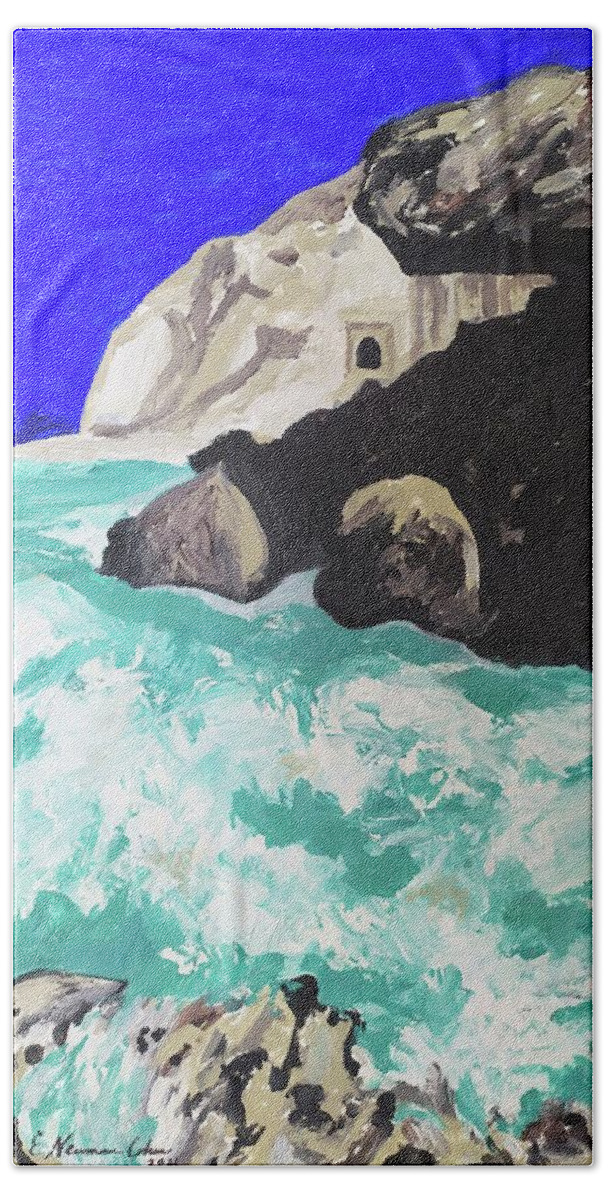 The Cliffs Of Rosh Hanikra Bath Towel featuring the painting The Cliffs of Rosh Hanikra by Esther Newman-Cohen
