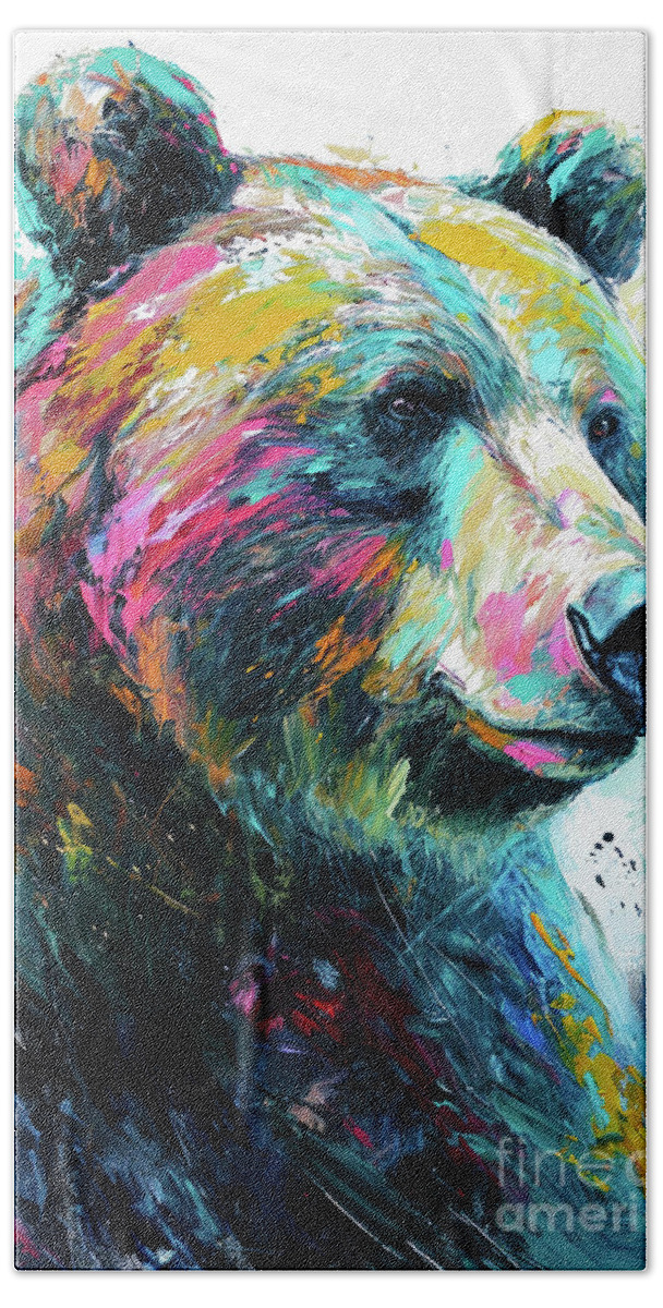 Bear Hand Towel featuring the painting The Colorful Grizzly by Tina LeCour