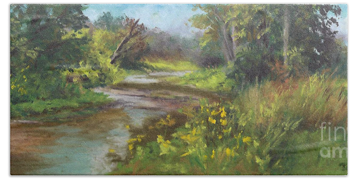 Panoramic Painting Of A Creek. Ohio Landscape Painting Of A Creek Bath Towel featuring the painting The Creek at 1302 by Terri Meyer
