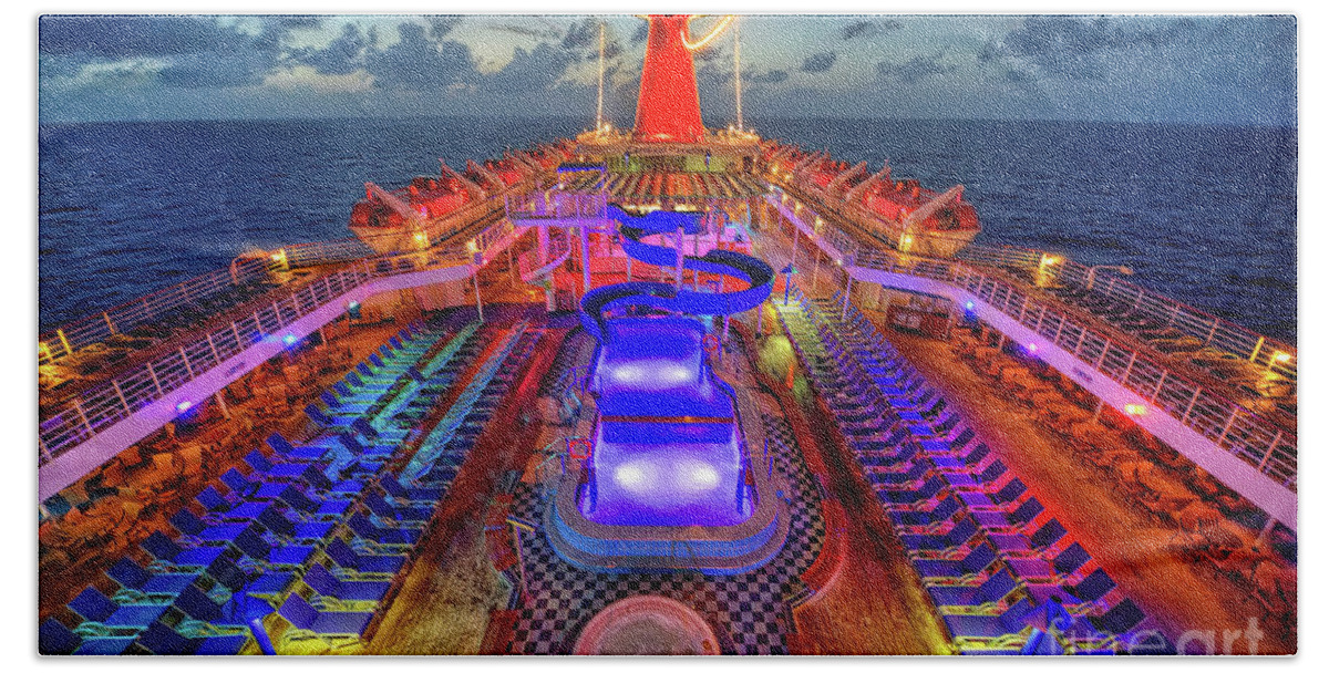 Cruise Ship Hand Towel featuring the photograph The cruise lights at night by Michael Ver Sprill