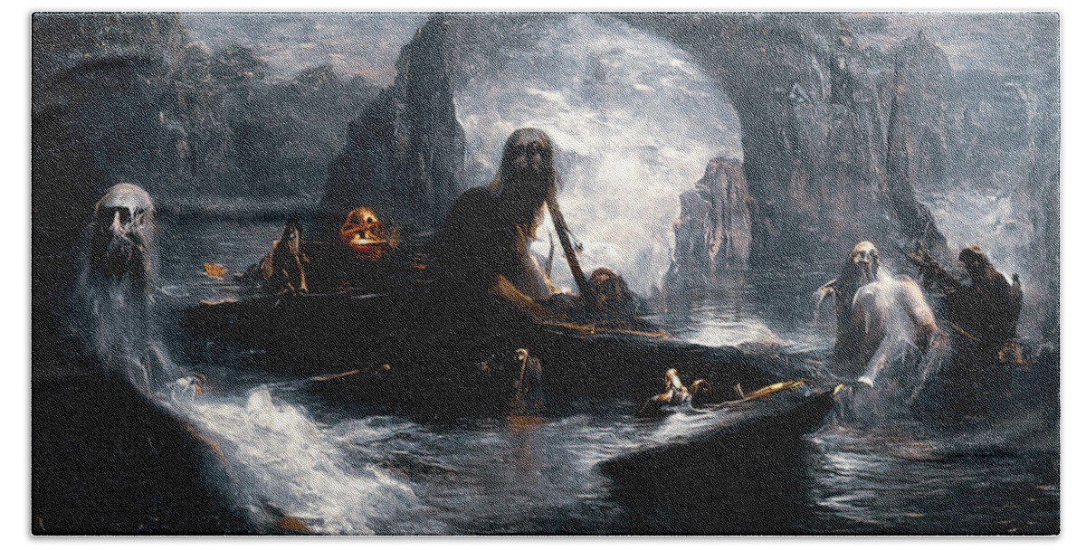 Styx Bath Towel featuring the painting The damned souls of the River Styx, 02 by AM FineArtPrints