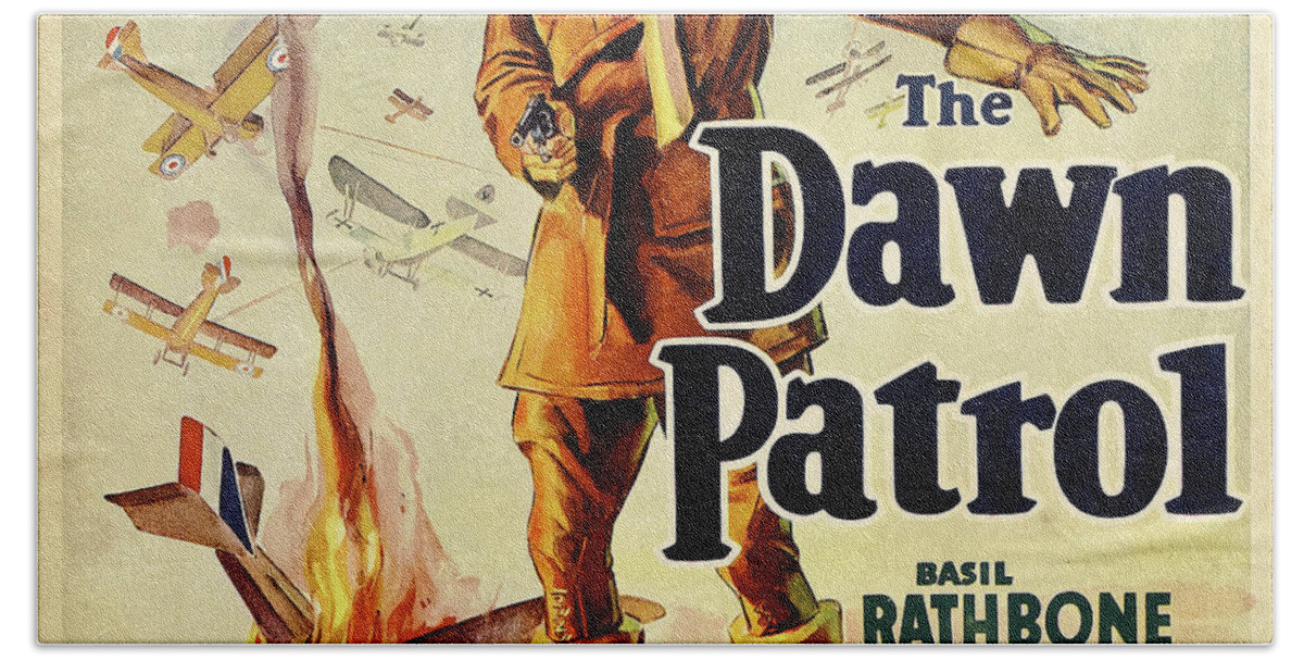 Dawn Hand Towel featuring the mixed media ''The Dawn Patrol'', with Errol Flynn, 1938 by Movie World Posters