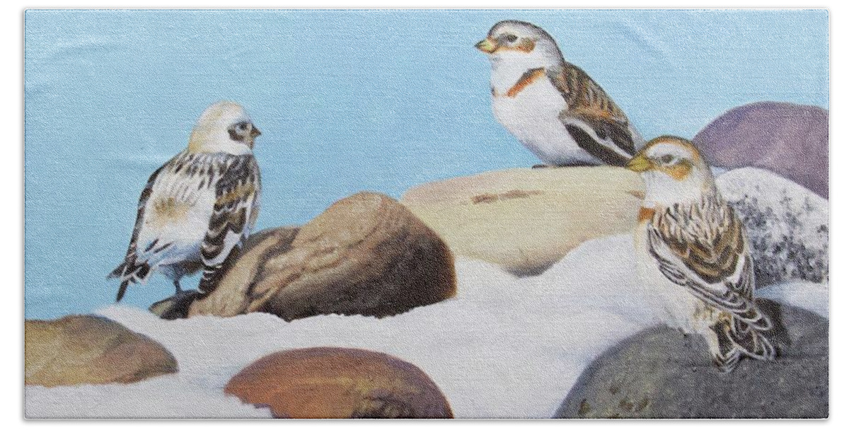 Snow Buntings Hand Towel featuring the painting The Debate by Tammy Taylor