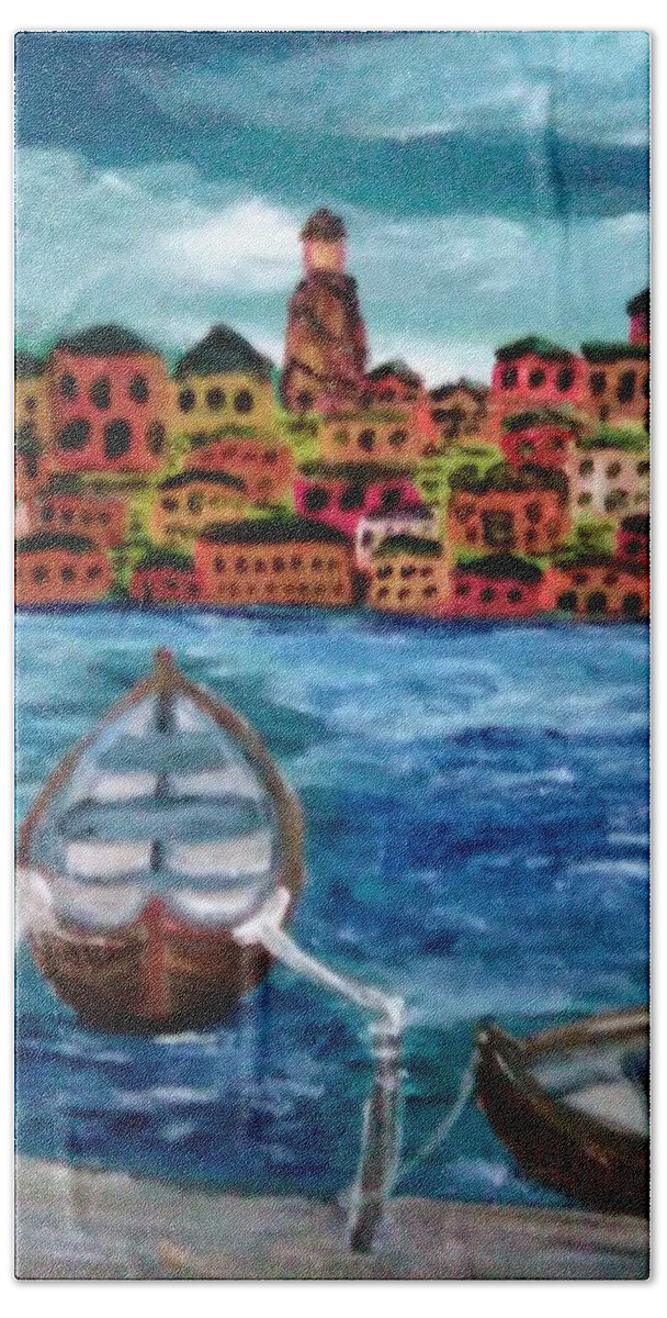 Nature Bath Towel featuring the painting The Docks at Santo Porto Stefano by Andrew Blitman