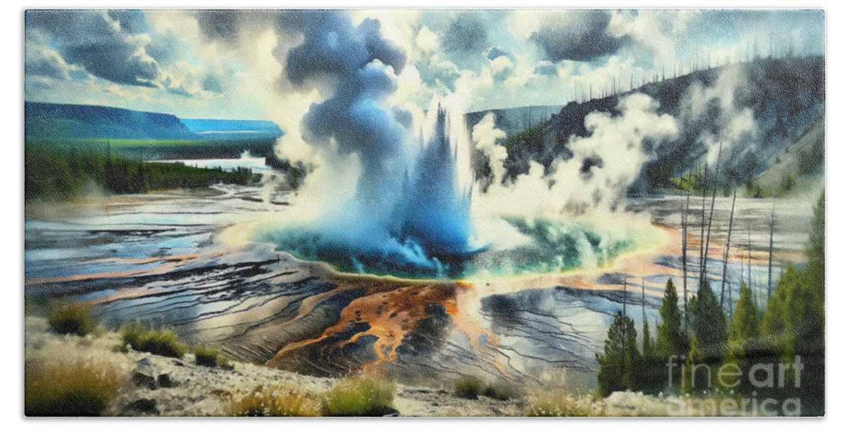 Yellowstone Hand Towel featuring the painting The dramatic geysers of Yellowstone National Park, captured in an impressionistic style. by Jeff Creation