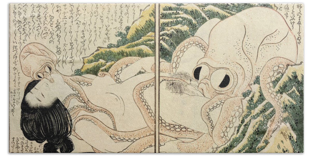 Katsushika Hokusai Hand Towel featuring the painting The Dream of the Fisherman's Wife, 1814 by Katsushika Hokusai