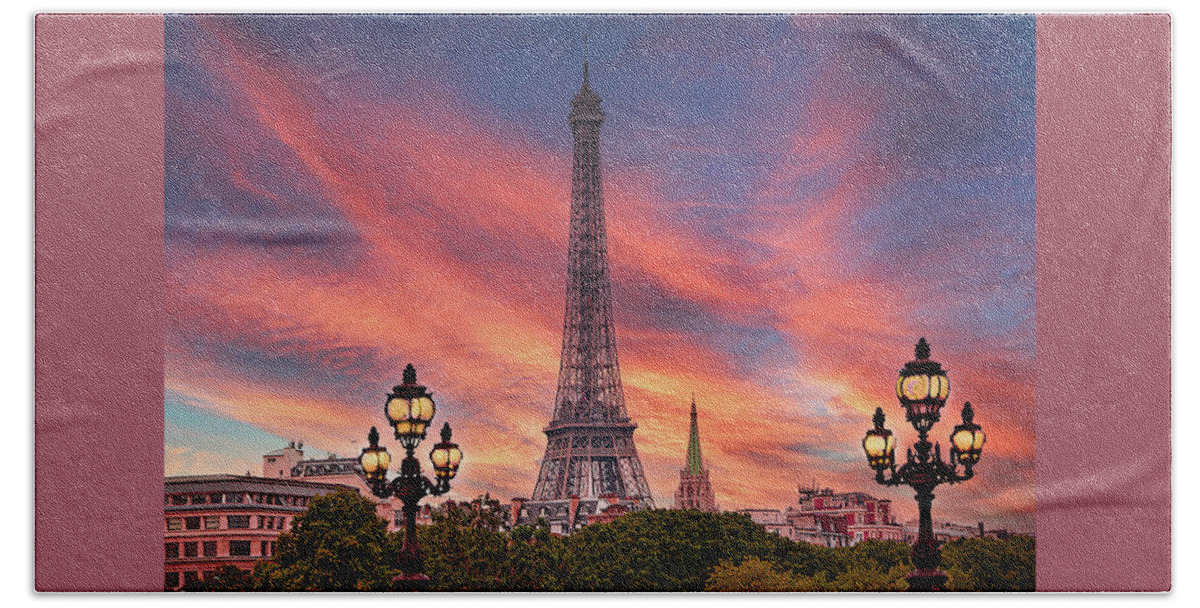 Crystal Bath Towel featuring the photograph The Eiffel Tower Painted by a Glorious Parisian Sunset by Mitchell R Grosky