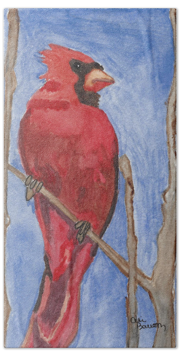 Cardinal Bath Towel featuring the painting Red Watercolor Cardinal -The Emperor by Ali Baucom