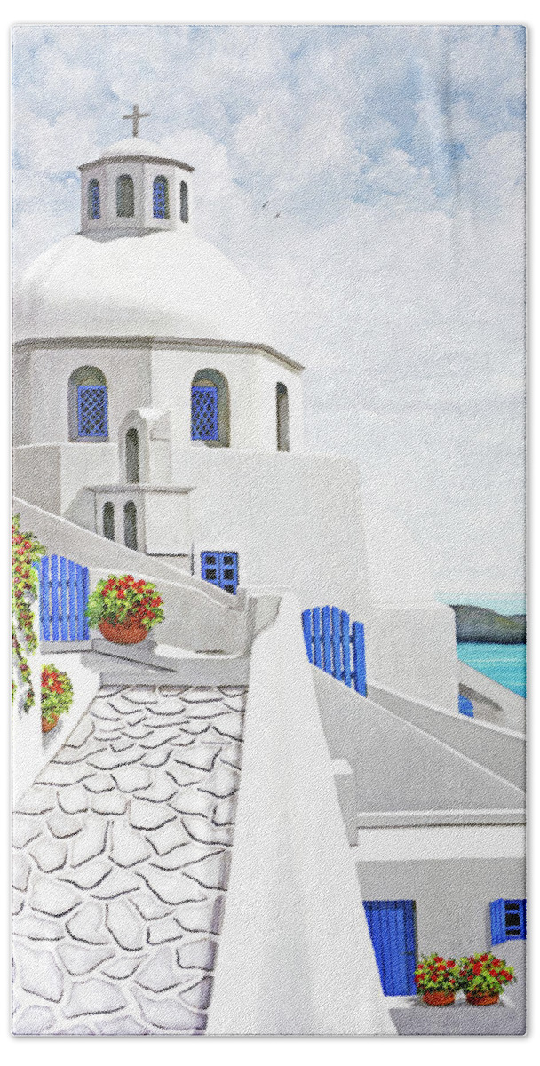 Santorini Bath Towel featuring the painting THE FACE OF SANTORINI-prints of oil painting-Original-thinner view by Mary Grden