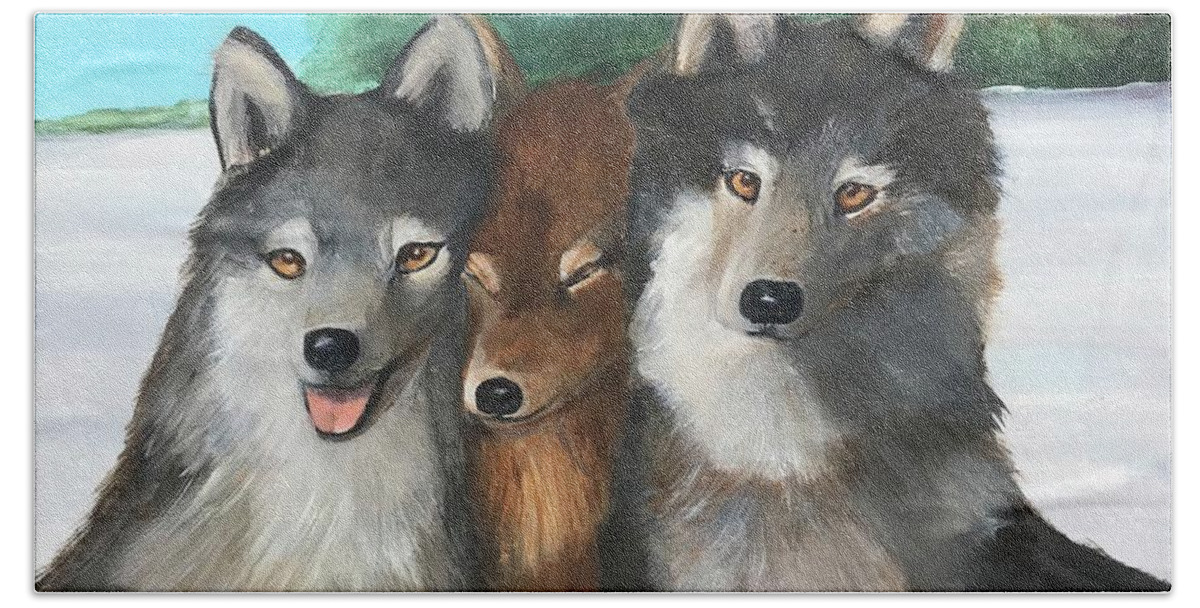 Wolf Bath Towel featuring the painting The Family by Deborah Naves
