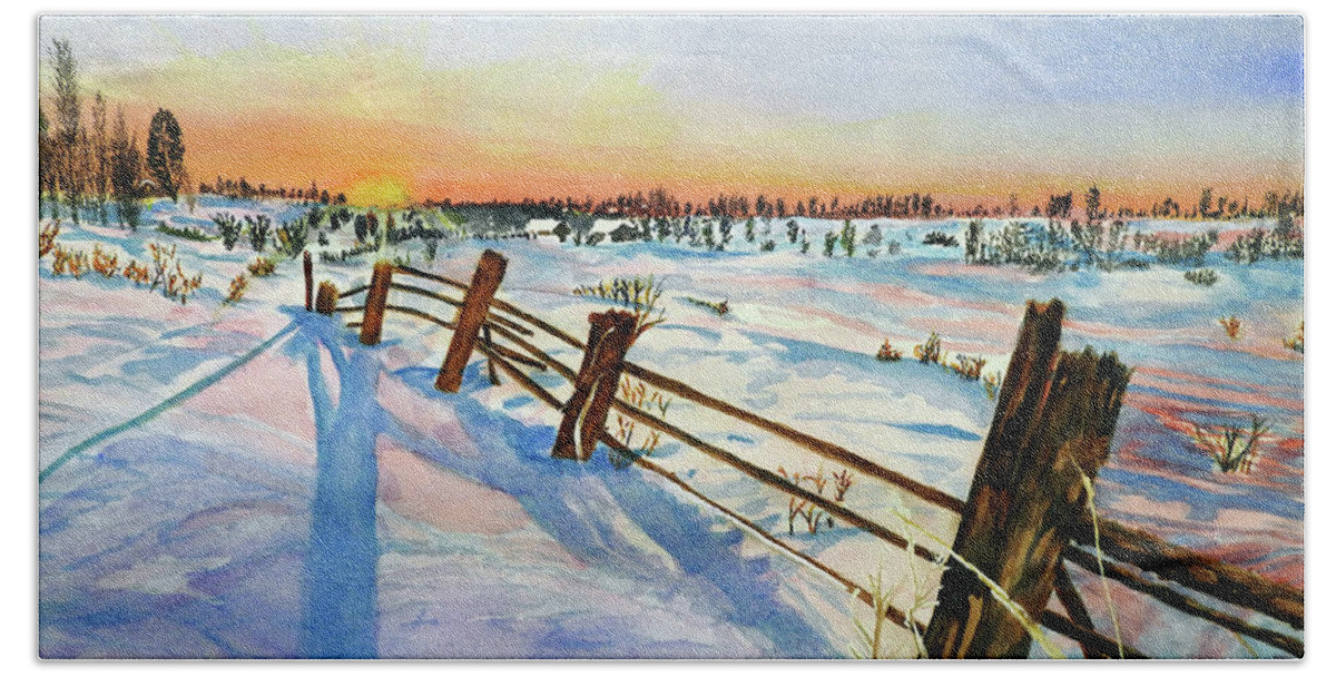 Snow Hand Towel featuring the painting The Fence Line by Barbara F Johnson