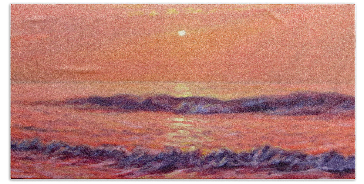 Beach Bath Towel featuring the painting The First Day-Sunrise on the Beach by Bonnie Mason