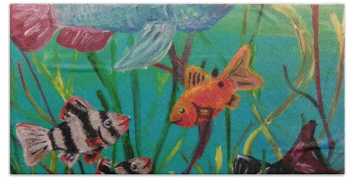 Art Hand Towel featuring the painting The Fish in the Reeds by Andrew Blitman
