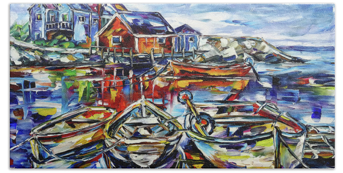 Nova Scotia Bath Towel featuring the painting The Fishing Boats Of Peggy's Cove by Mirek Kuzniar