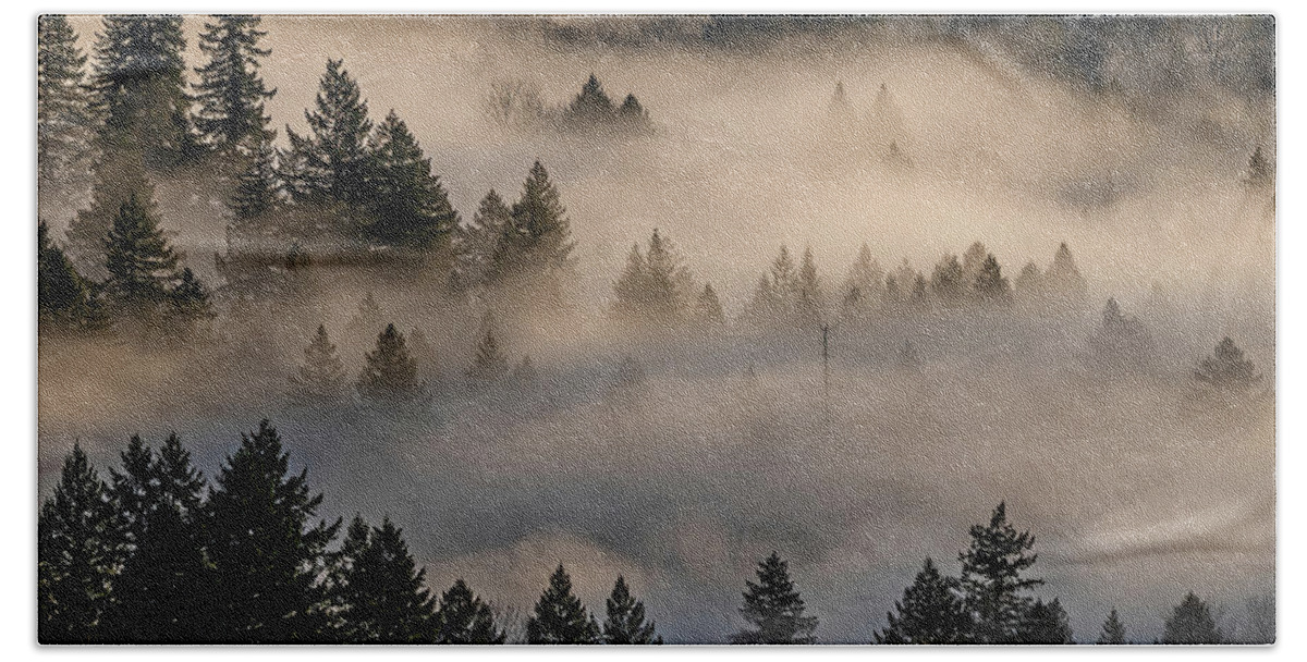 Fog Bath Towel featuring the photograph The fog in the trees. by Ulrich Burkhalter