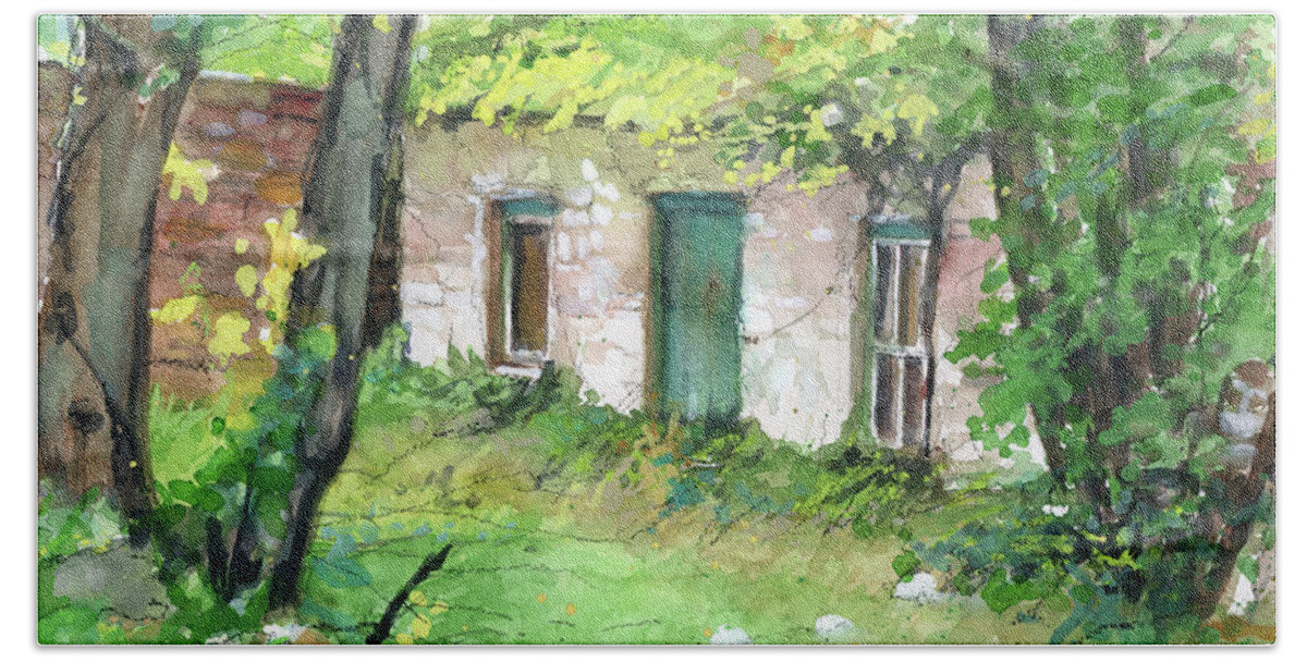 Irish Cottage Hand Towel featuring the painting The Forge aka The Lonergan Homestead by Rebecca Matthews