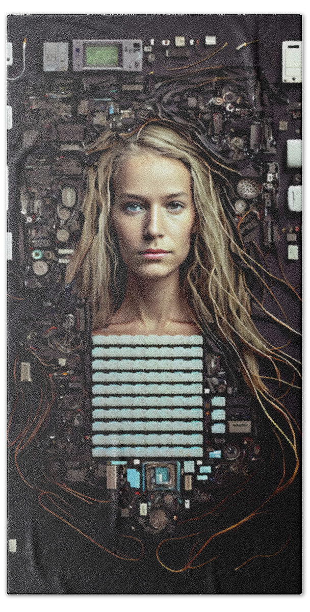 Cyborg Bath Towel featuring the digital art The Future of AI 03 All the Parts by Matthias Hauser