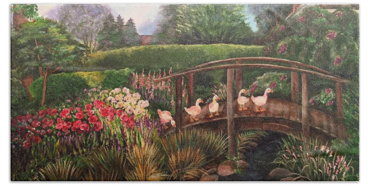 Garden Bath Towel featuring the painting The Garden Bridge by Barbara Landry
