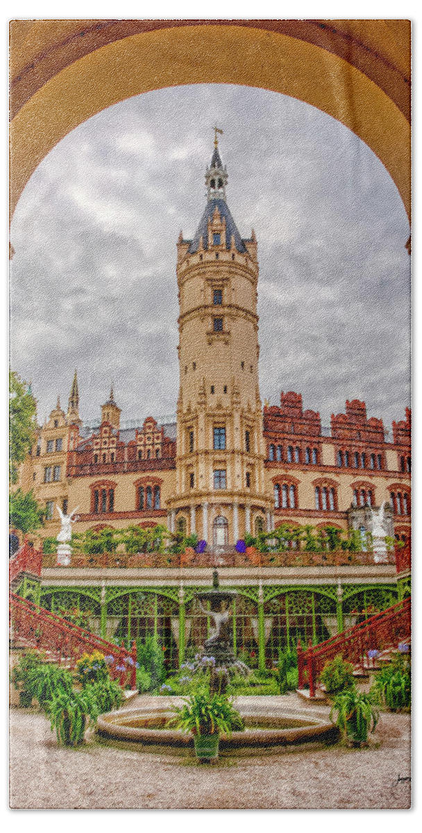 Schwerin Palace Bath Towel featuring the photograph The Garden Courtyard of Schwerin Castle by Jurgen Lorenzen