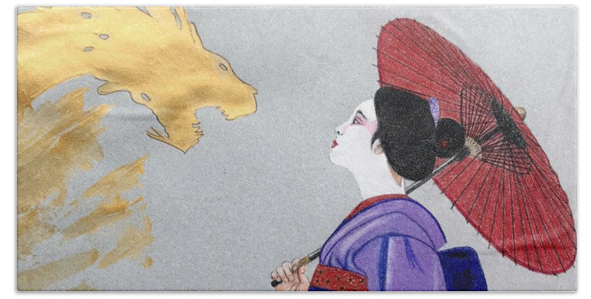Gold Bath Towel featuring the drawing The Geisha and The Dragon by Kimberly Walker