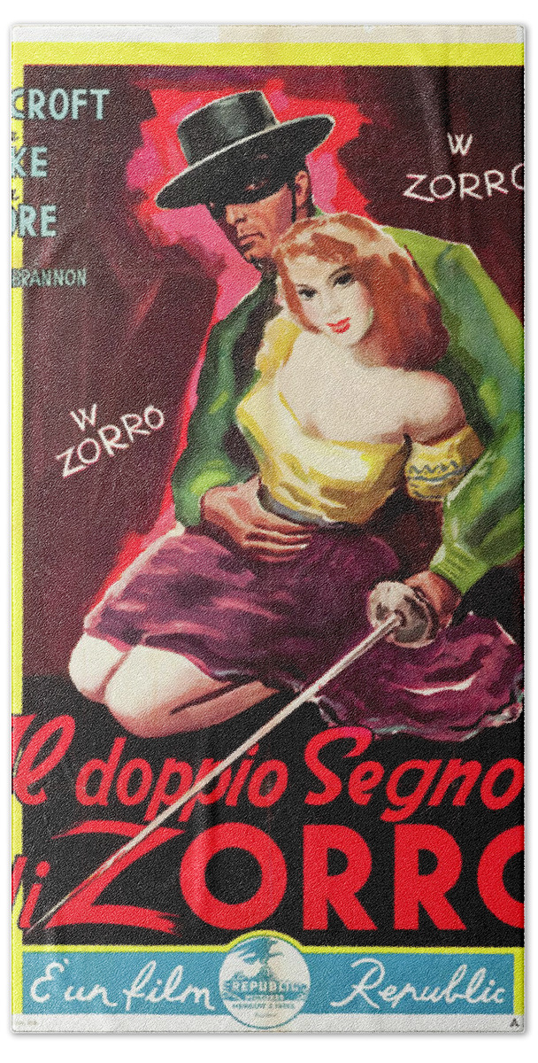 Synopsis Bath Towel featuring the mixed media ''The Ghost of Zorro'', 1949 by Movie World Posters