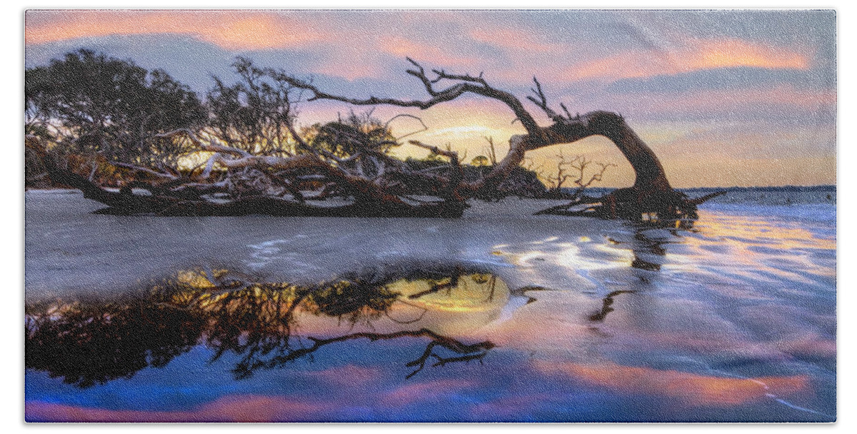 Clouds Bath Towel featuring the photograph The Giant has Fallen Jekyll Island Sunrise by Debra and Dave Vanderlaan