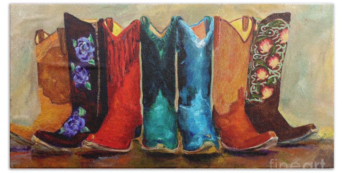 Cowboy Boots Hand Towel featuring the painting The Girls Are Back In Town by Frances Marino