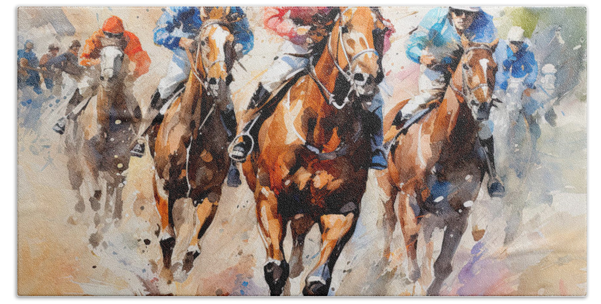 Horse Racing Bath Towel featuring the painting The Glory of the Race by Lourry Legarde