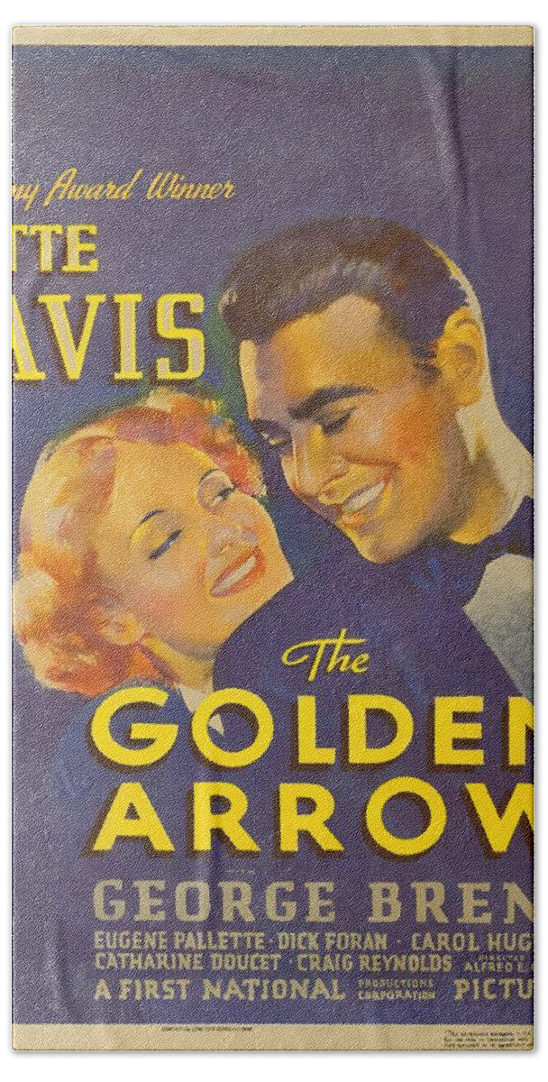 Golden Bath Towel featuring the mixed media ''The Golden Arrow'', 1936, movie poster by Stars on Art