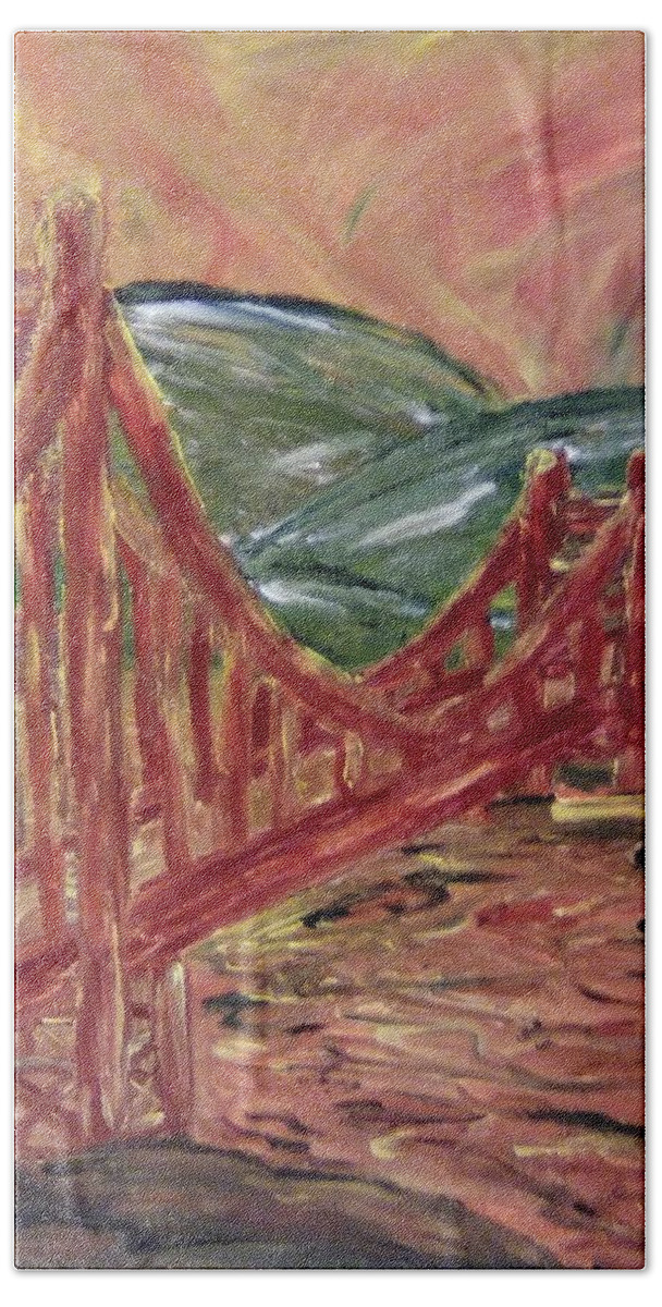 Landscape Hand Towel featuring the painting The Golden State's Golden Gate's Sunset by Andrew Blitman
